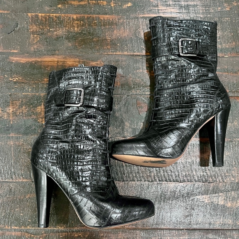 Talbots Vintage Simone Black Crocodile-Patterned Heeled Boots